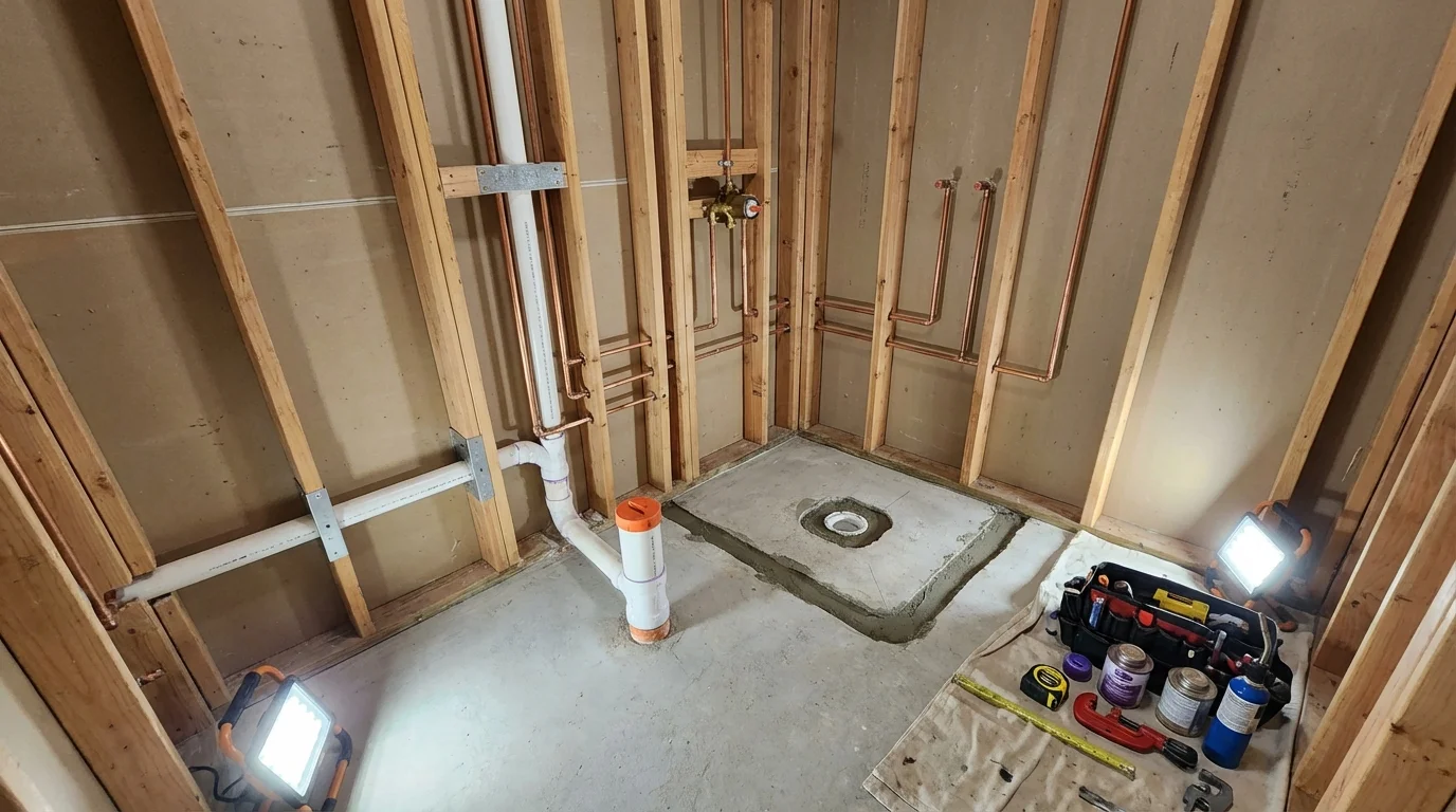 Bathroom rough-in plumbing during remodel by Johns Plumbing LLC in Sioux Falls