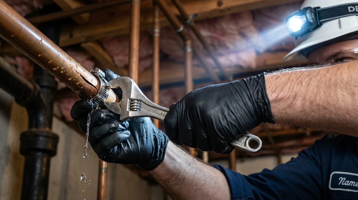 Emergency pipe clamp repair being performed by a Johns Plumbing LLC plumber in Sioux Falls