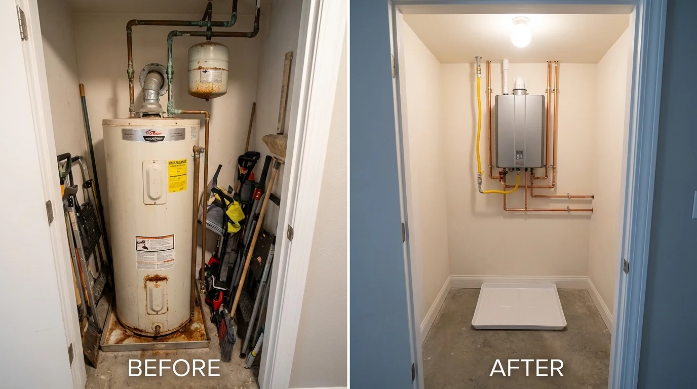 Tank water heater versus wall-mounted tankless unit comparison for Sioux Falls, SD homeowners
