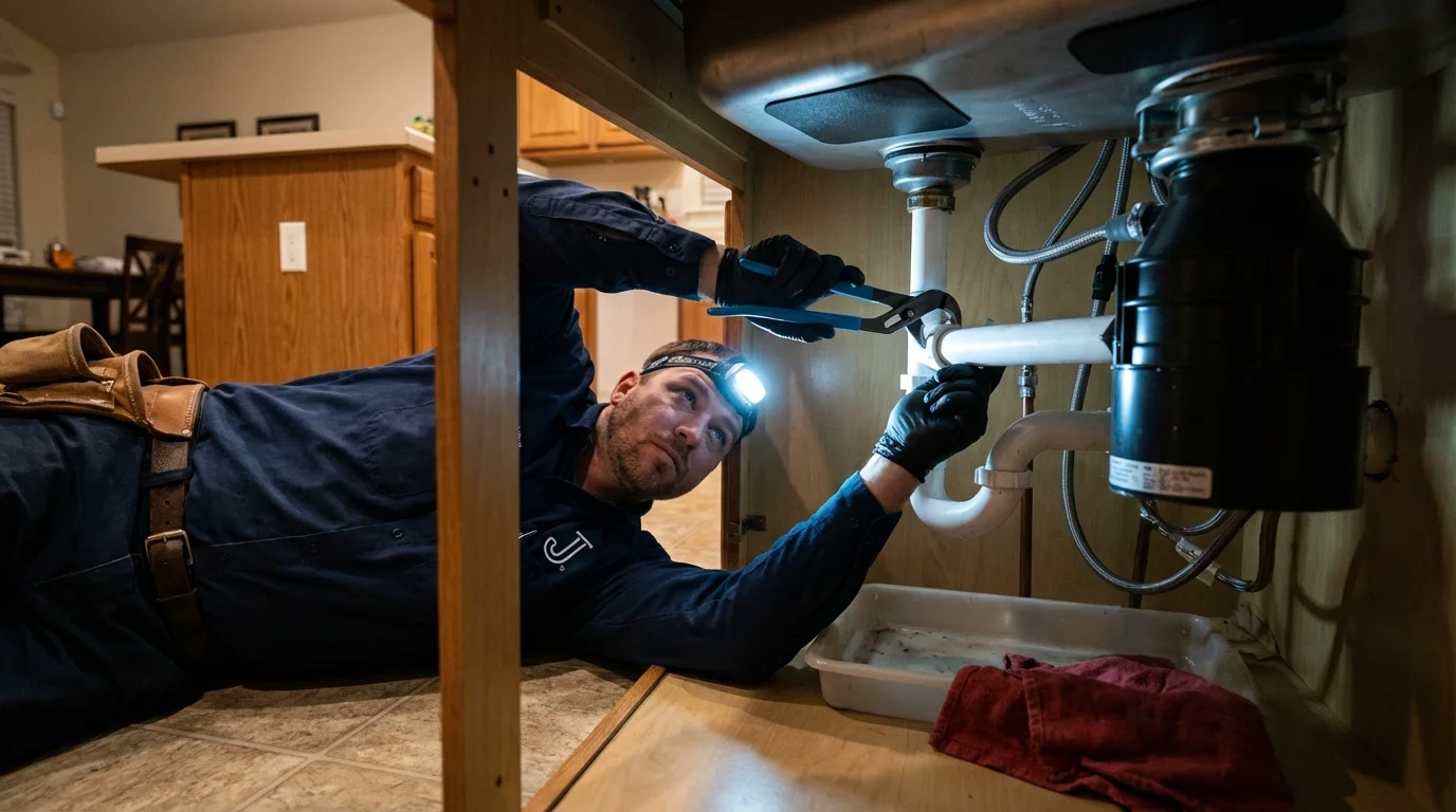 P-trap and supply line connections under a kitchen sink showing a common leak point in Sioux Falls, SD